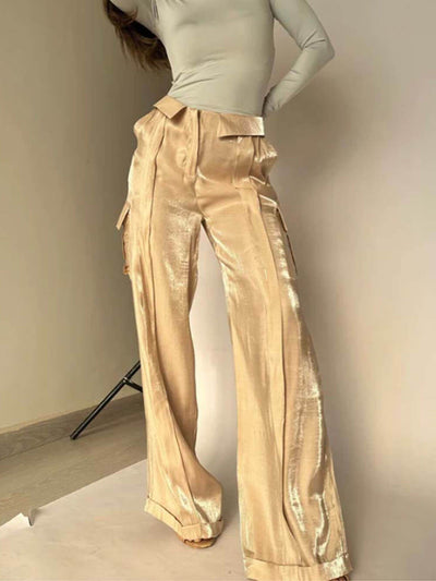 Golden Fabric Drawstring Waist Pocketed Wide Leg Pants