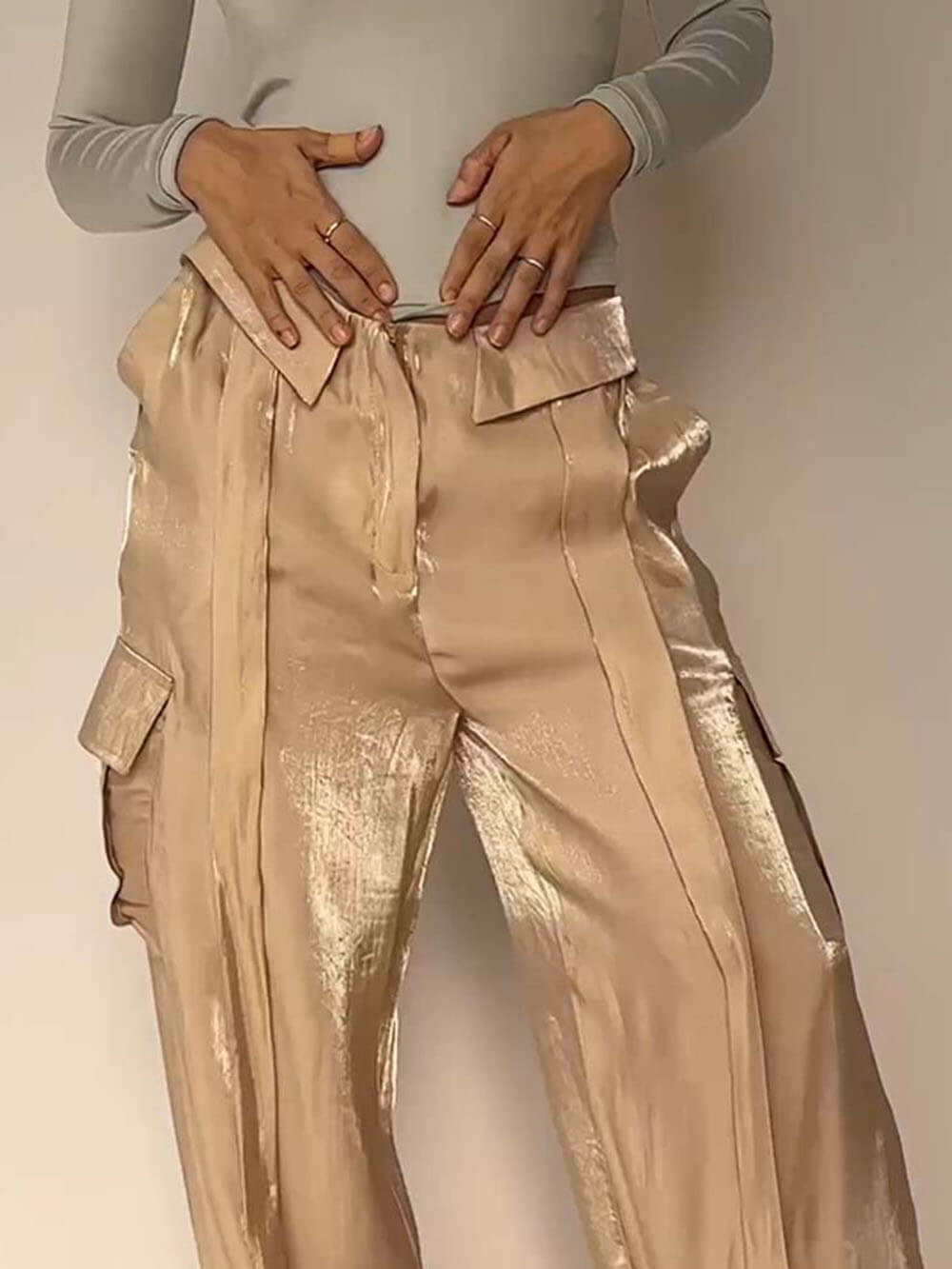 Golden Fabric Drawstring Waist Pocketed Wide Leg Pants