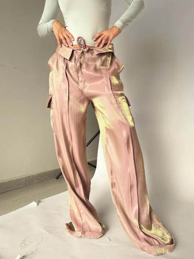 Golden Fabric Drawstring Waist Pocketed Wide Leg Pants