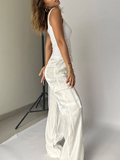 Golden Fabric Drawstring Waist Pocketed Wide Leg Pants