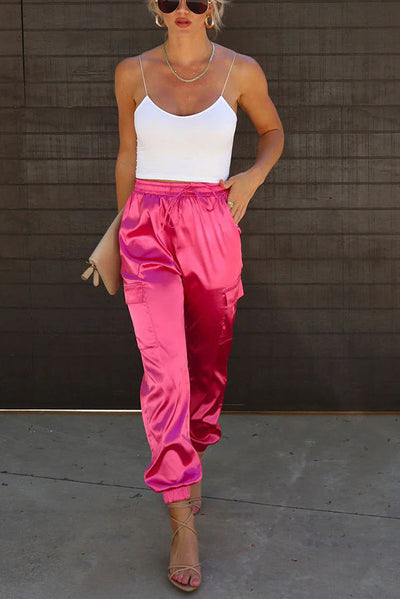 Satin Pocketed Elastic Waist Cargo Pants