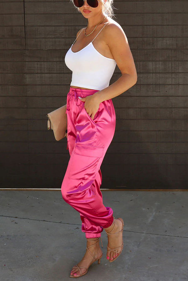 Satin Pocketed Elastic Waist Cargo Pants