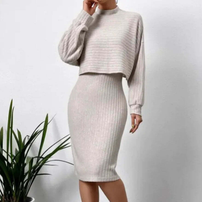 Sunken Striped Long Sleeve and Bodycon Dress Set