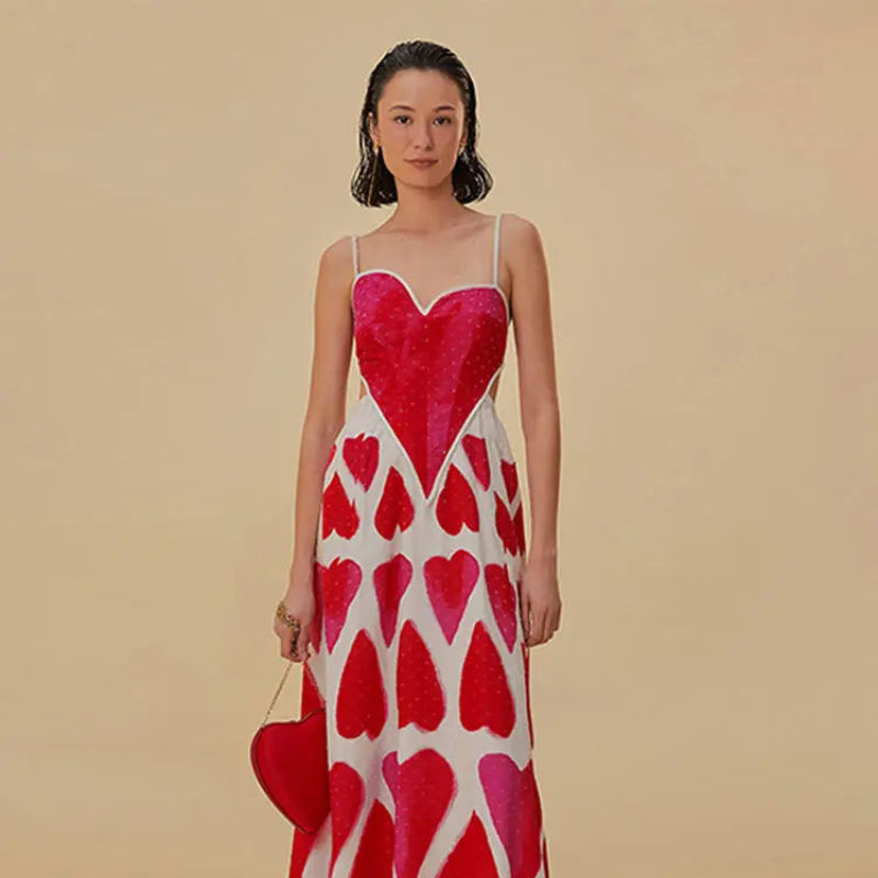 Romantic Heart-Print Midi Dress