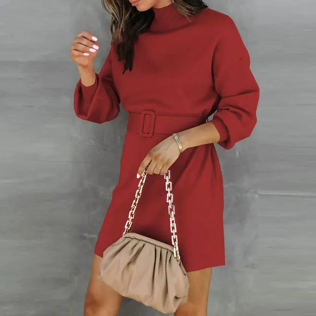 Alana Turtleneck Sweater Dress with Belt