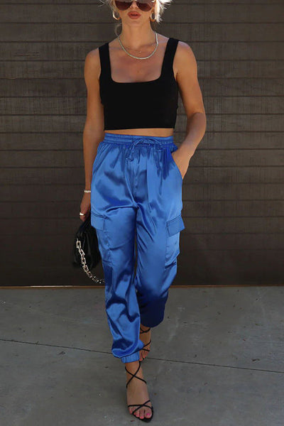 Satin Pocketed Elastic Waist Cargo Pants