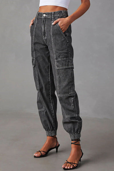 Durant High-rise Cargo Pocket Elastic Waist Button Jeans